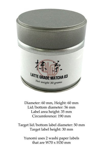 Private labeling dimensions info for Yunomi Factory Direct Matcha cans, 30g, 100g resealable packets - tokinari.live
