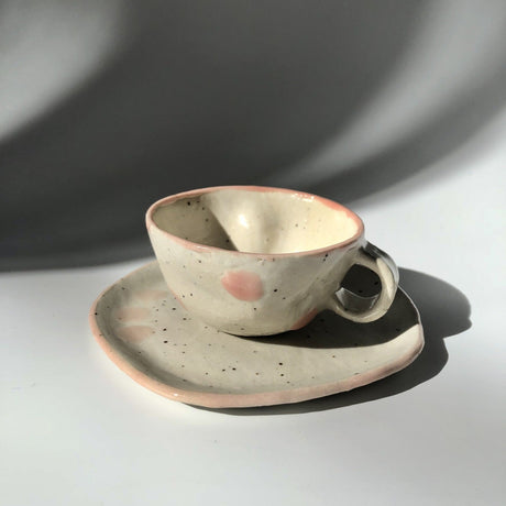 Hiroshi Hirai: Heart Shaped Cup & Saucer Set, Pink Accents - tokinari.live