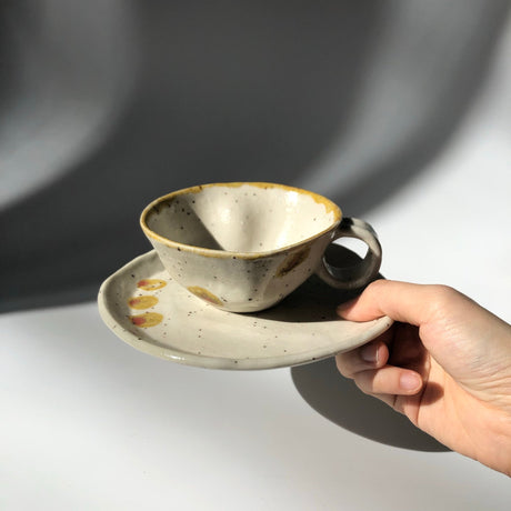 Hiroshi Hirai: Heart Shaped Cup & Saucer Set, Yellow Accents - tokinari.live