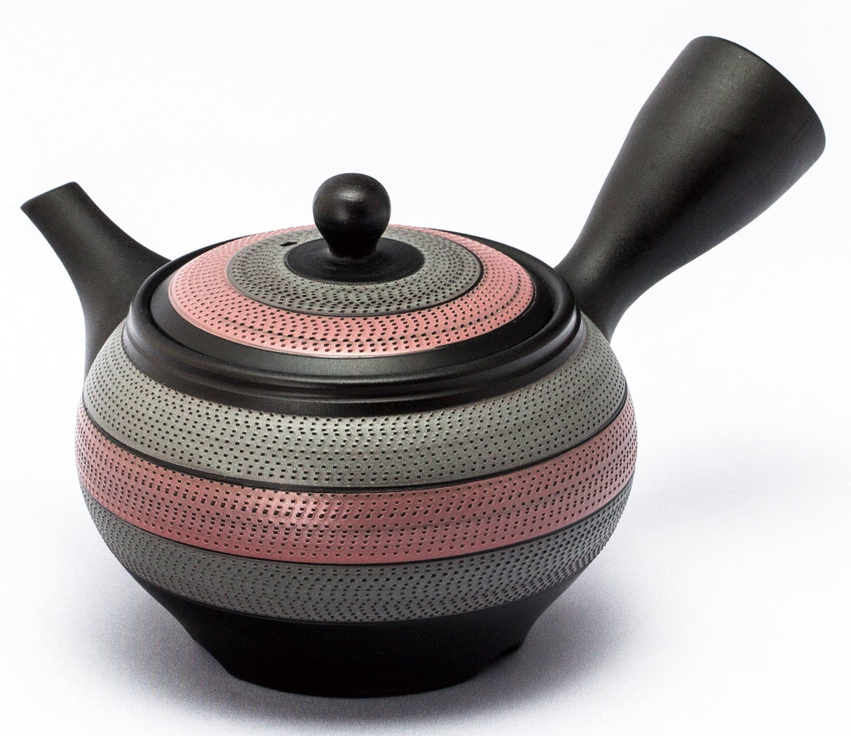 Koizumi: Left-handed Silver & Pink Striped Tokoname Kyusu Tea Pot by Kiln Tosei, 330 ml, 8-193 【陶聖】２色ルレット左手急須 - tokinari.live