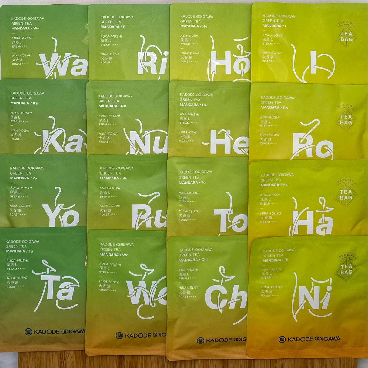 Mandara Green Tea Sampler Set by Kadode Ooigawa, Shizuoka - 4 steaming levels vs 4 green-roasting levels. (16 tea bags) - tokinari.live