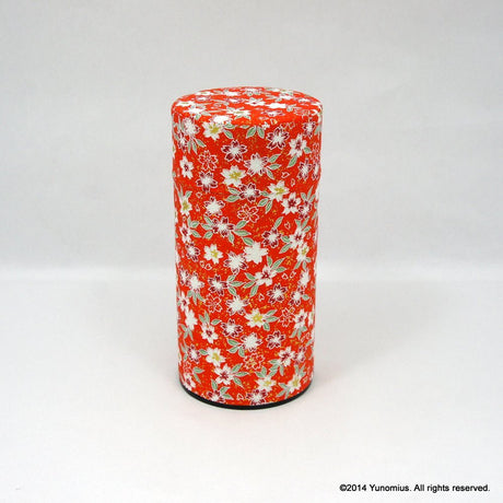 Okumura Seikan 774: Tea Canister, Chiyogami Washi Paper - Sakura Red (size for 175g sencha) - tokinari.live