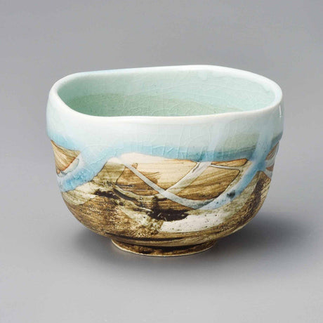 Yamaki Ikai M1411: Retro Blue and White Minoyaki Matcha Tea Bowl (Kakurin Ceramics) 【抹茶碗】カク林青白彩小抹茶 - tokinari.live